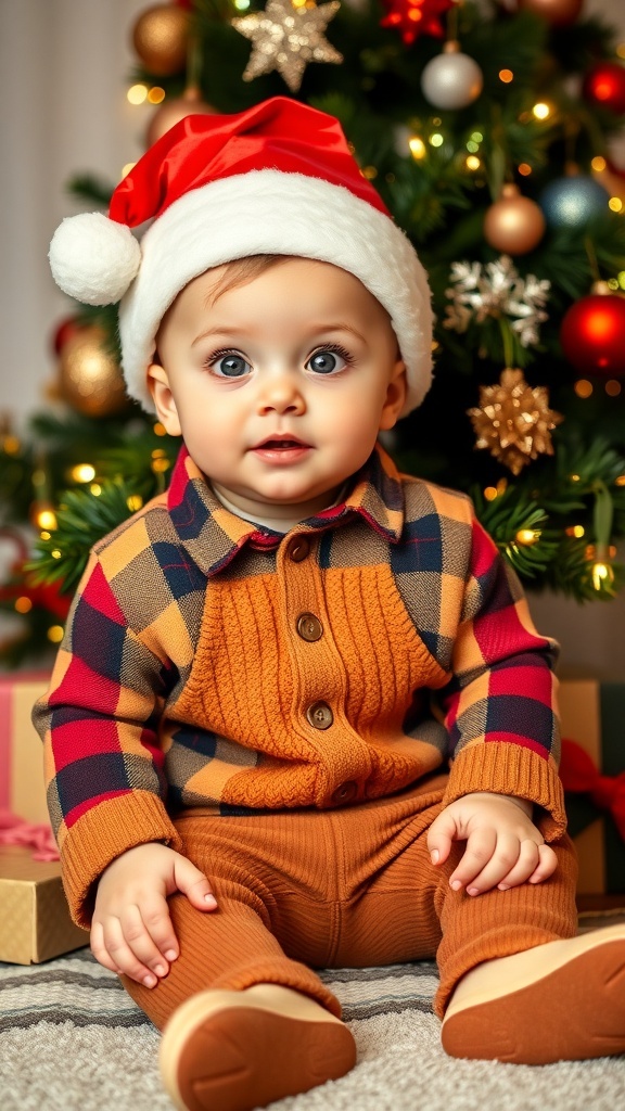 Adorable baby boy in a Christmas outfit with plaid shirt and Santa hat by a Christmas tree.